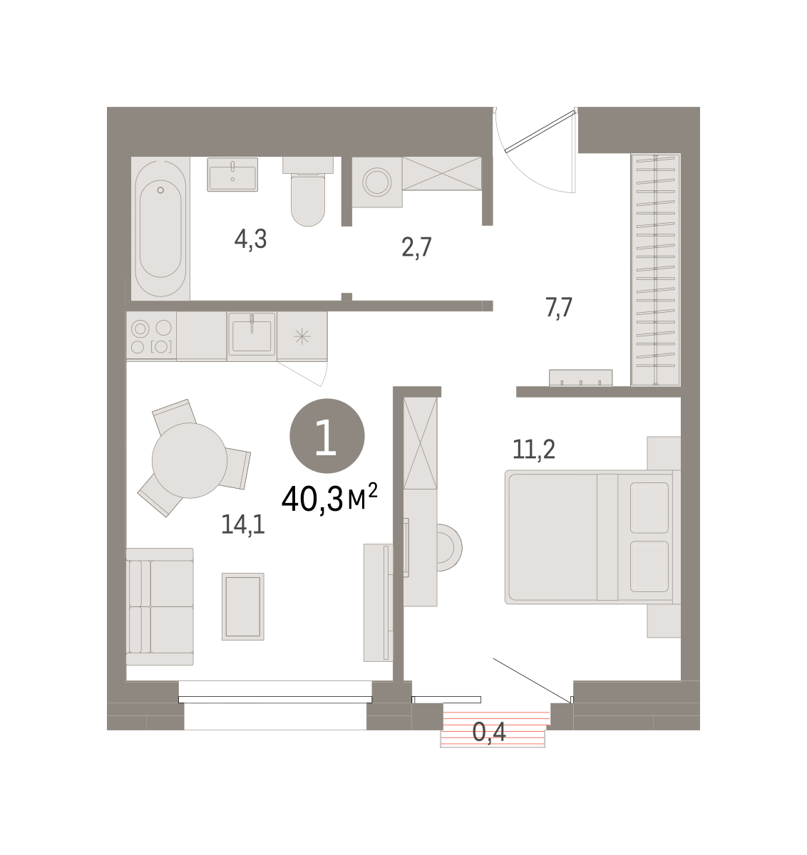 1-комнатная 40 м2 в ЖК Северный ветер корпус null этаж 7