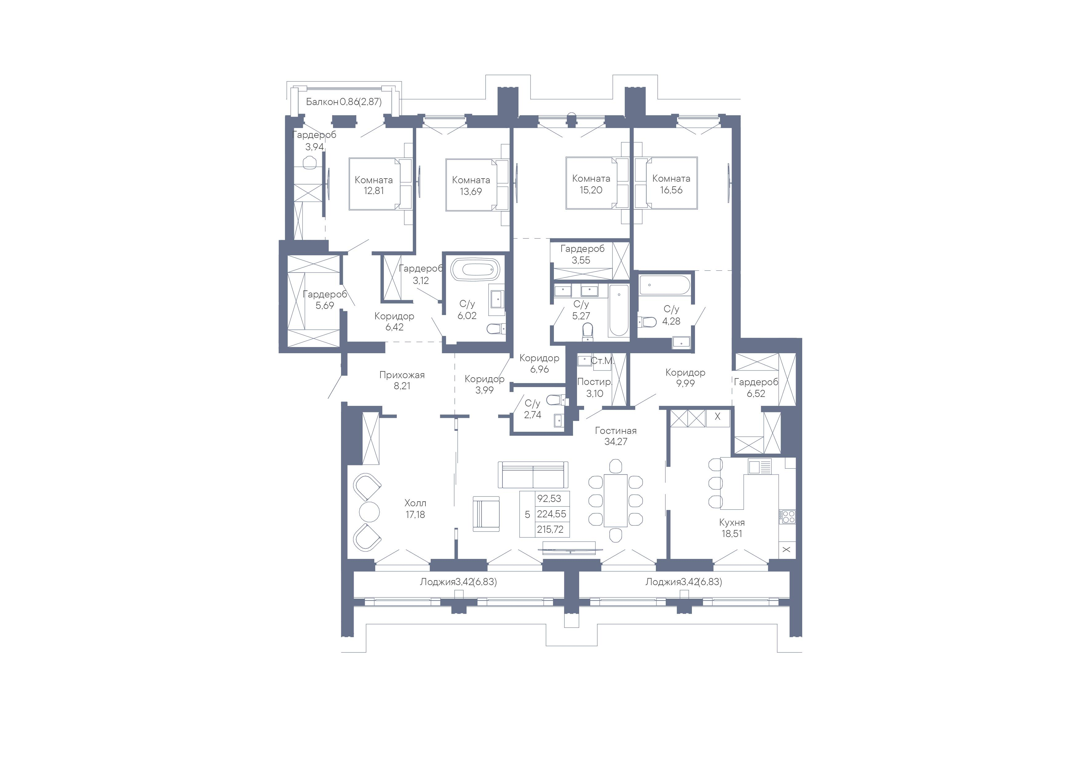 5-комнатная 215 м2 в ЖК Собрание корпус null этаж 5