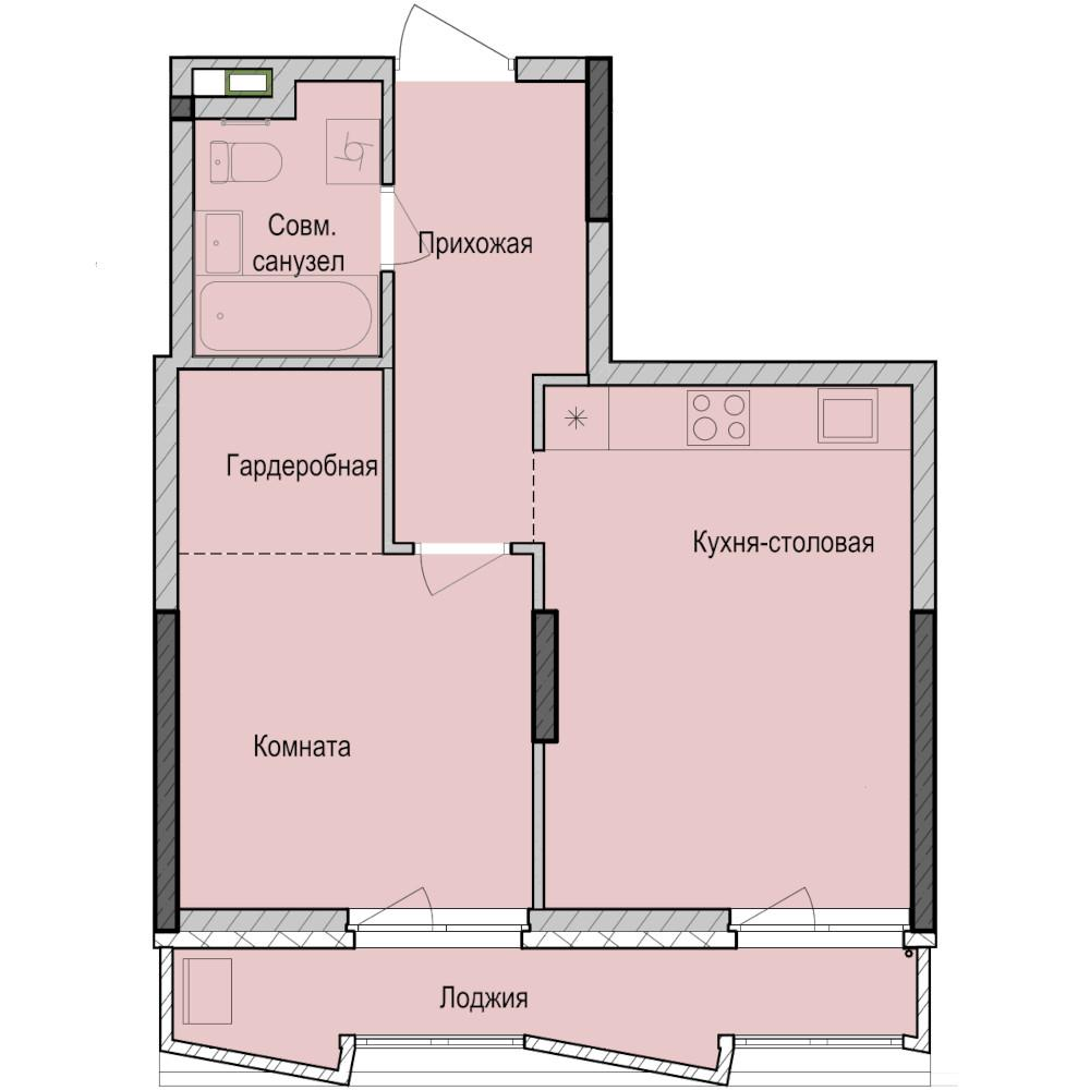 1-комнатная 44 м2 в ЖК Унай корпус null этаж 2