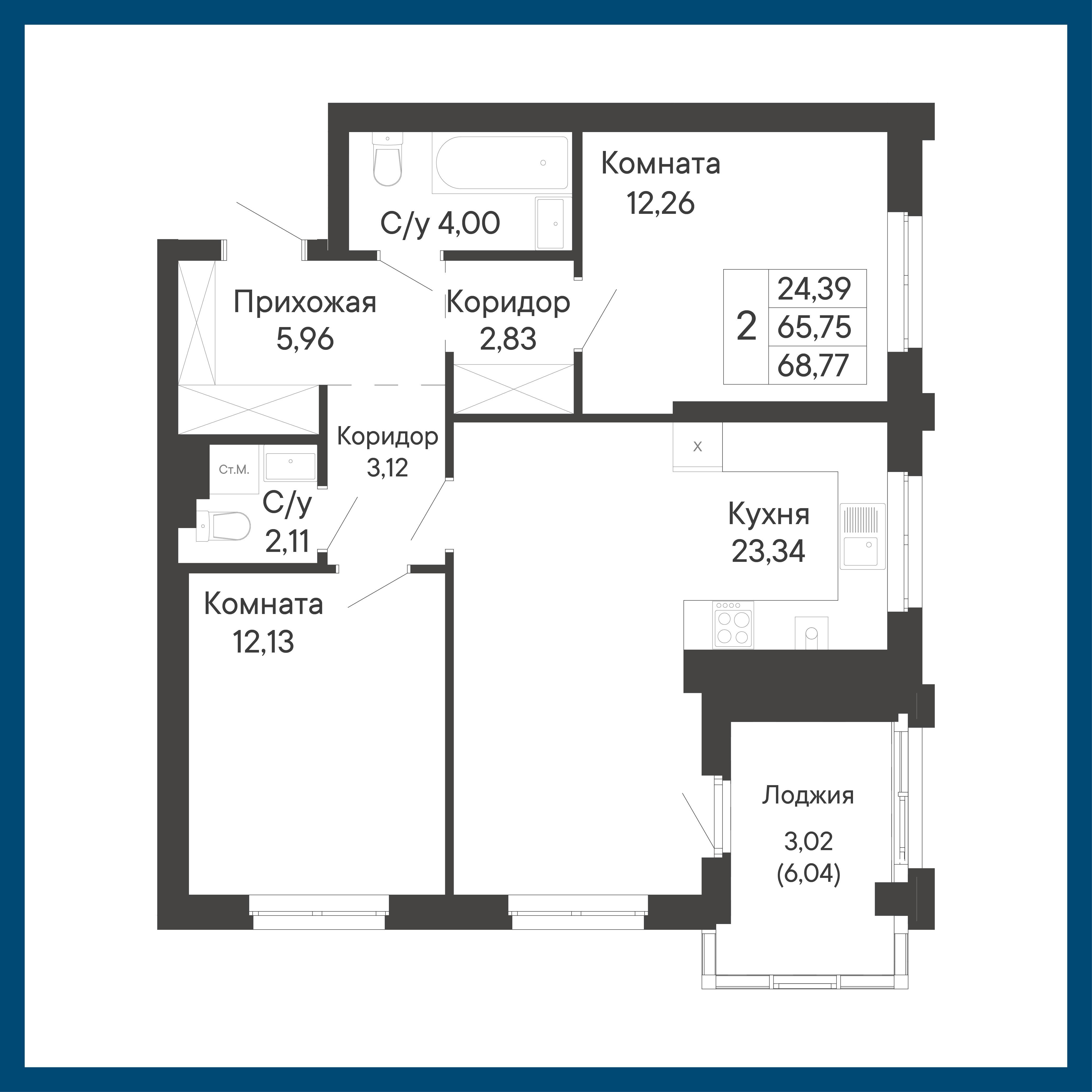 2-комнатная 68 м2 в ЖК Курортный квартал «Ривьера» корпус null этаж 4