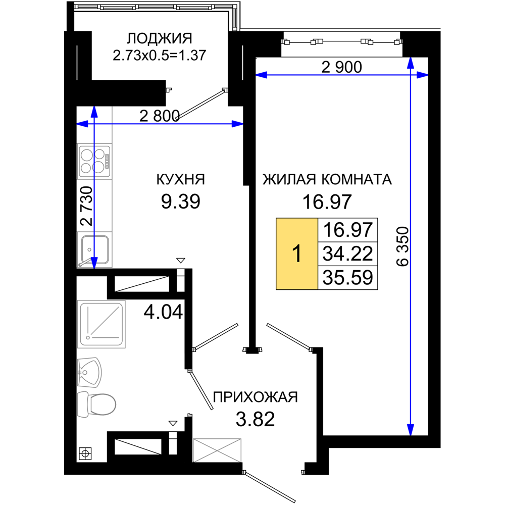 1-комнатная 35 м2 в ЖК Октябрь парк корпус null этаж 11