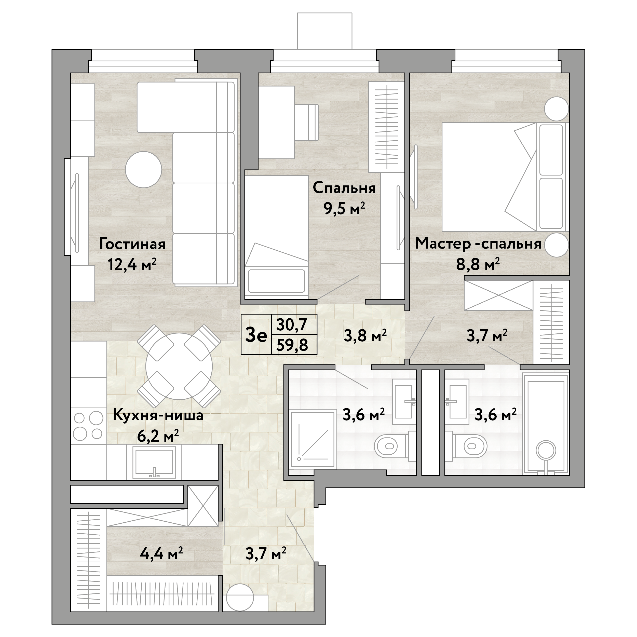 2-комнатная 59 м2 в ЖК Новые Смыслы корпус null этаж 12