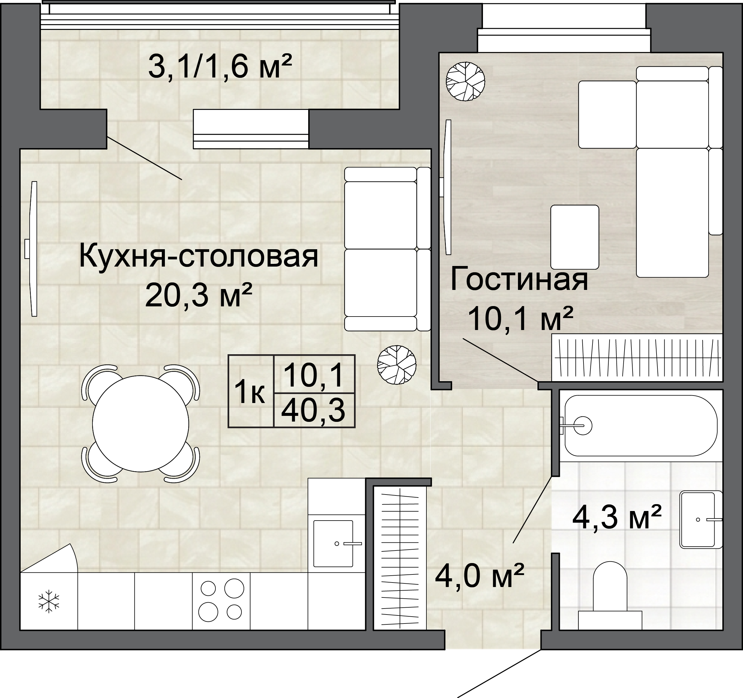 1-комнатная 40 м2 в ЖК Яблоневый Сад корпус null этаж 3