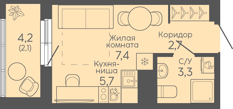 Студия 21 м2 в ЖК Район «Новокольцовский» корпус null этаж 3