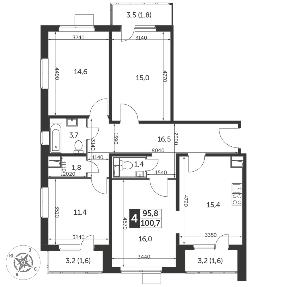 4-комнатная 100 м2 в ЖК 1-й Лермонтовский корпус null этаж 15