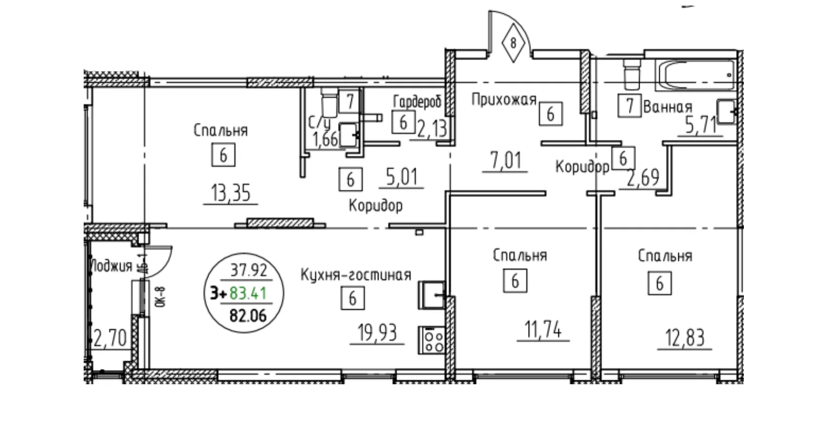 3-комнатная 82.4 м2 в ЖК undefined корпус null этаж 2