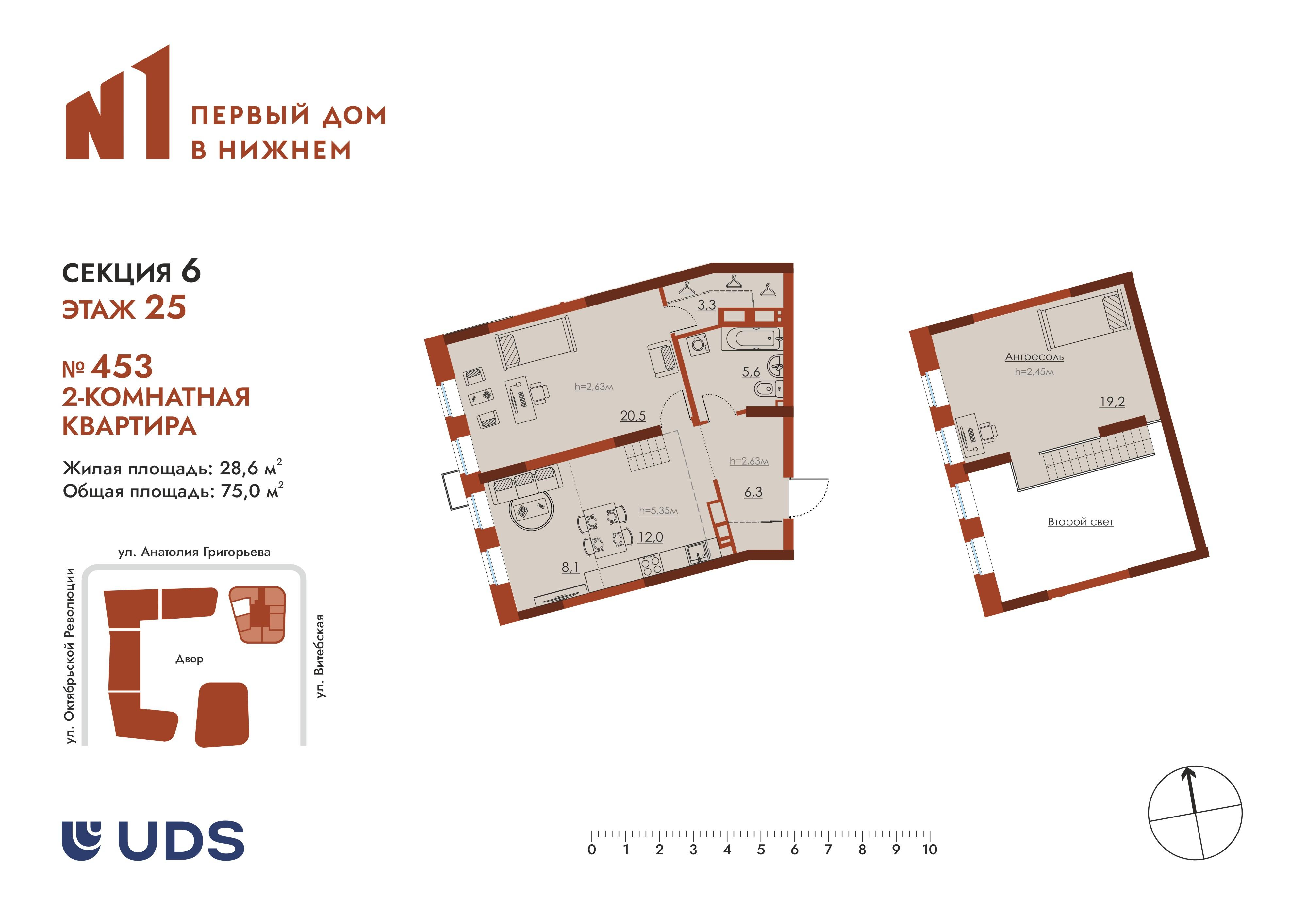 2-комнатная 75 м2 в ЖК N1 Первый дом в Нижнем корпус null этаж 25