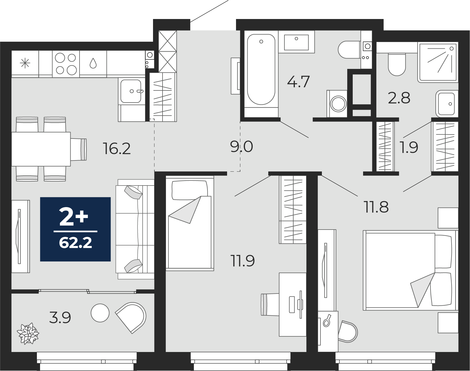 2-комнатная 59 м2 в ЖК Прео корпус null этаж 16
