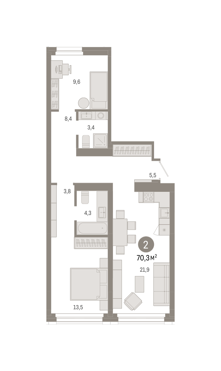2-комнатная 70 м2 в ЖК Квартал Нефть корпус null этаж 2