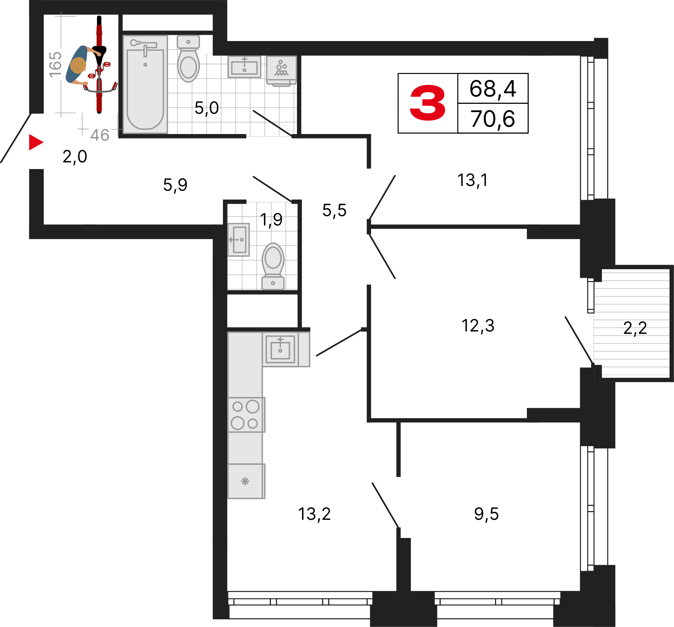 3-комнатная 70 м2 в ЖК Бестселлер корпус null этаж 9