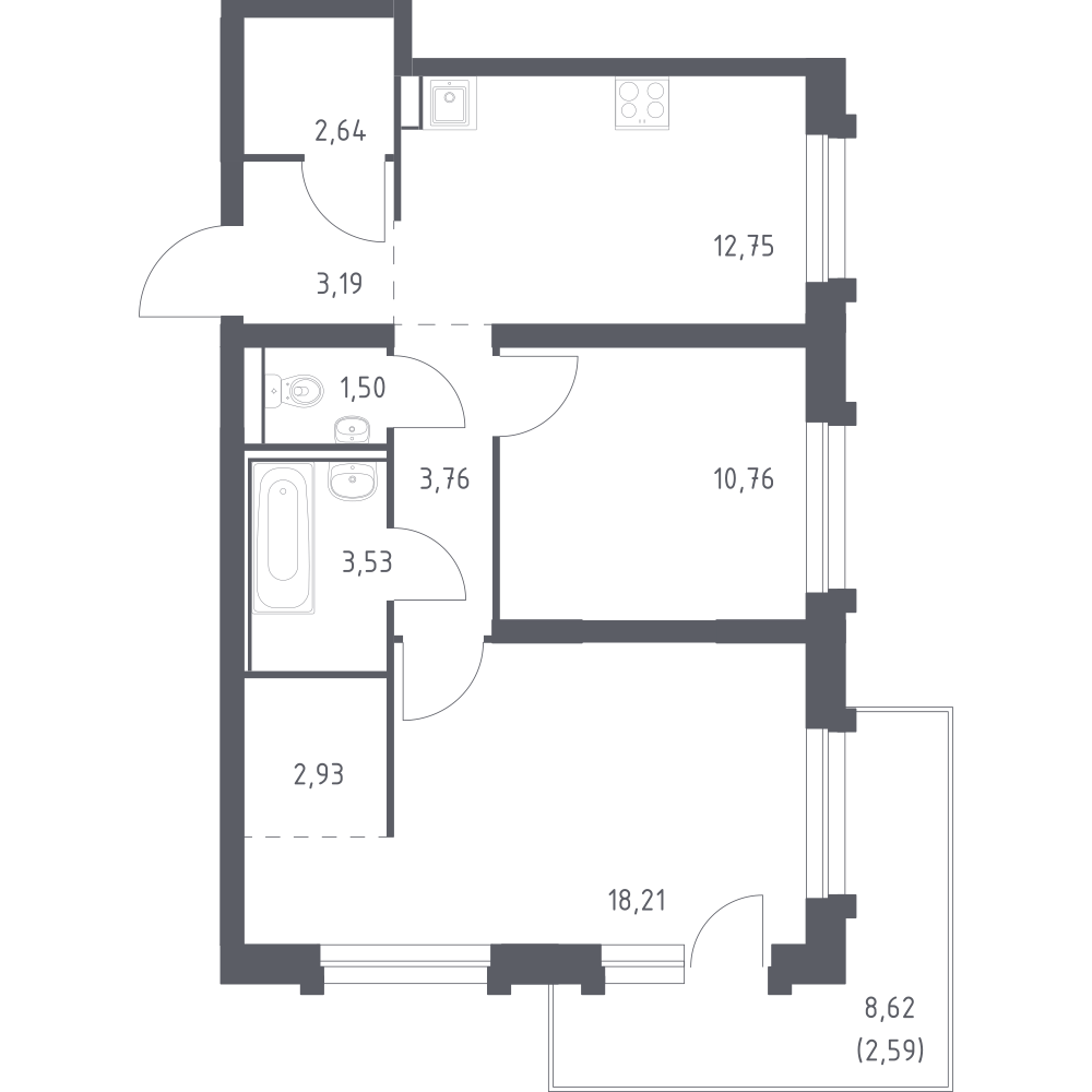 2-комнатная 62 м2 в ЖК Рябиновая Роща корпус null этаж 13