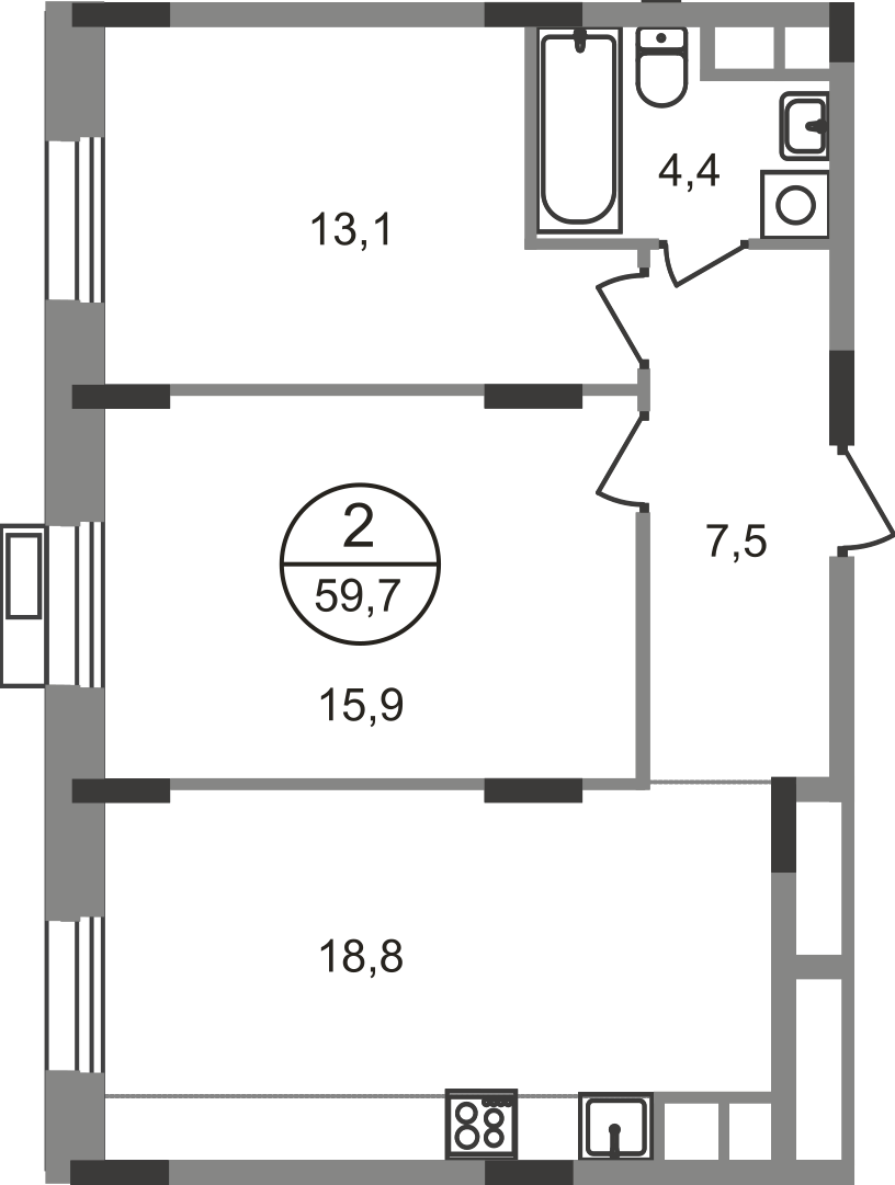 2-комнатная 59 м2 в ЖК Резиденции Сколково корпус null этаж 9