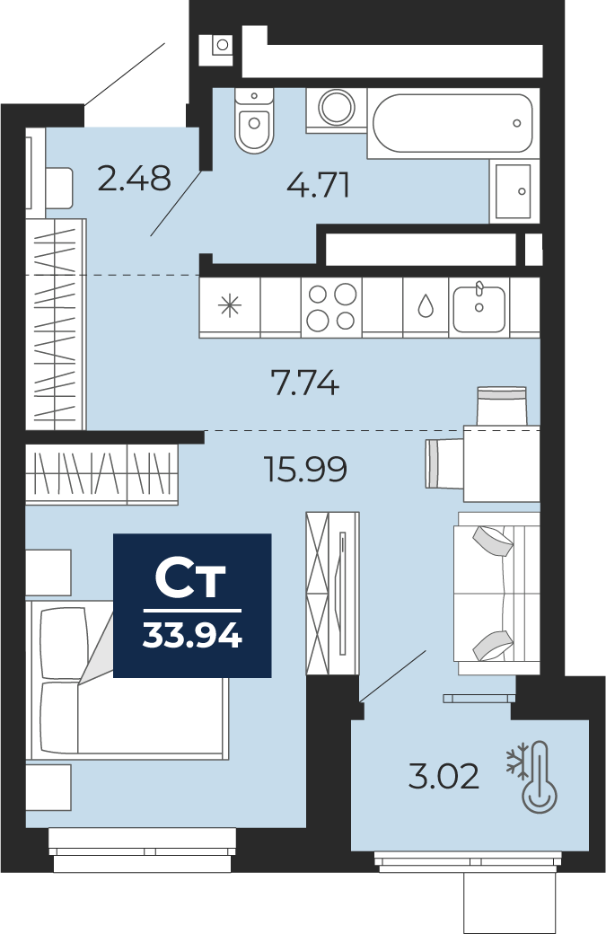 Студия 30 м2 в ЖК Мириады корпус null этаж 7