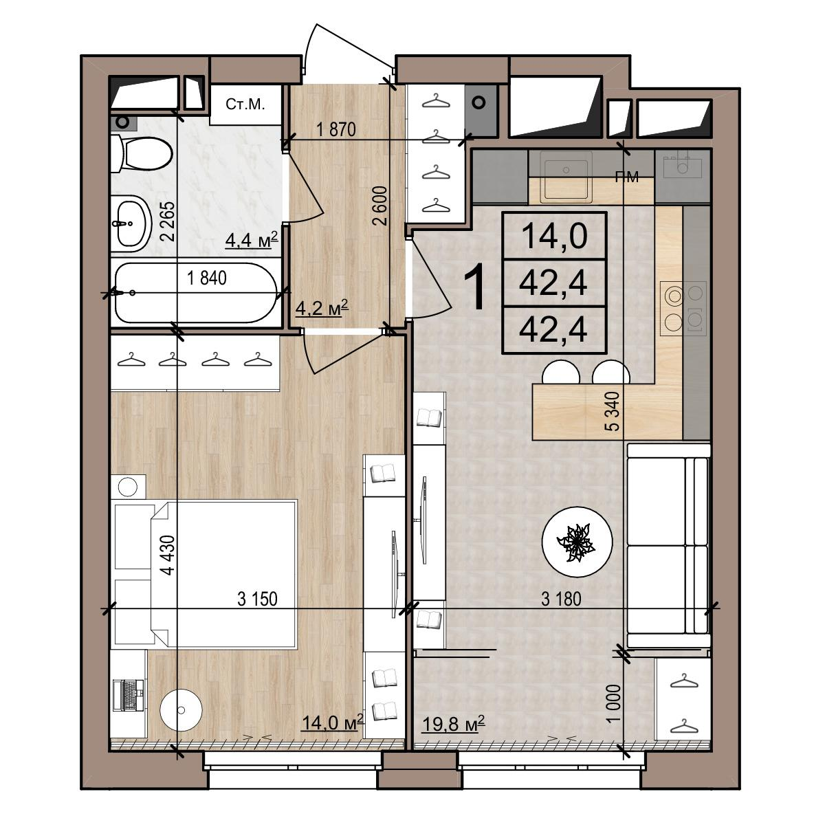 1-комнатная 42 м2 в ЖК Полярная звезда корпус null этаж 12