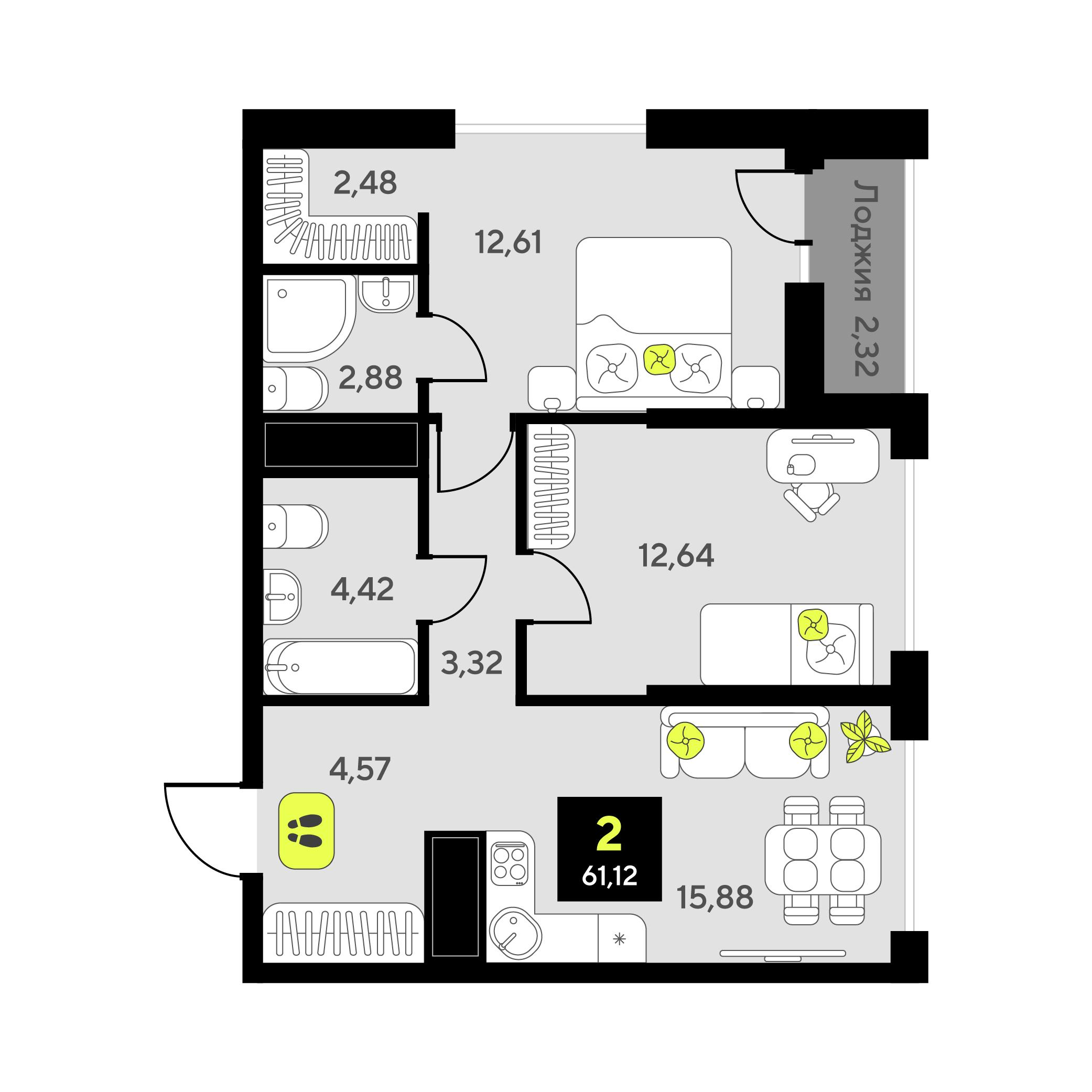 2-комнатная 61 м2 в ЖК Мотивы корпус null этаж 6