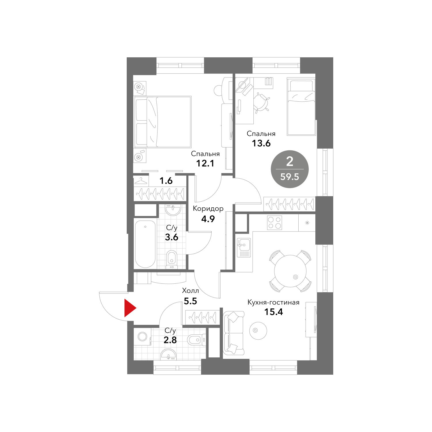 2-комнатная 59 м2 в ЖК Voxhall корпус null этаж 7