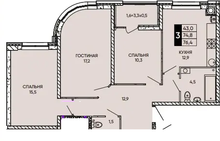 3-комнатная 78 м2 в ЖК undefined корпус null этаж 20