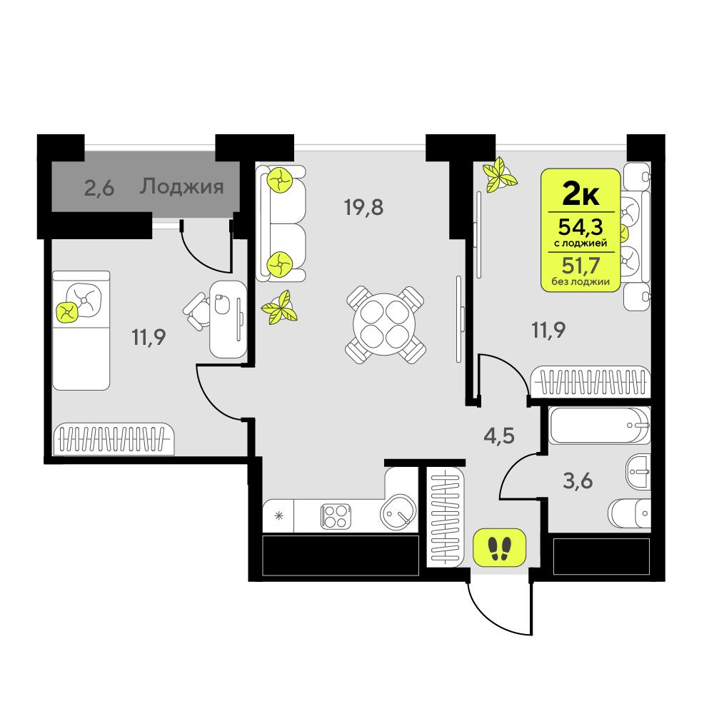 2-комнатная 54 м2 в ЖК Мотивы корпус null этаж 12