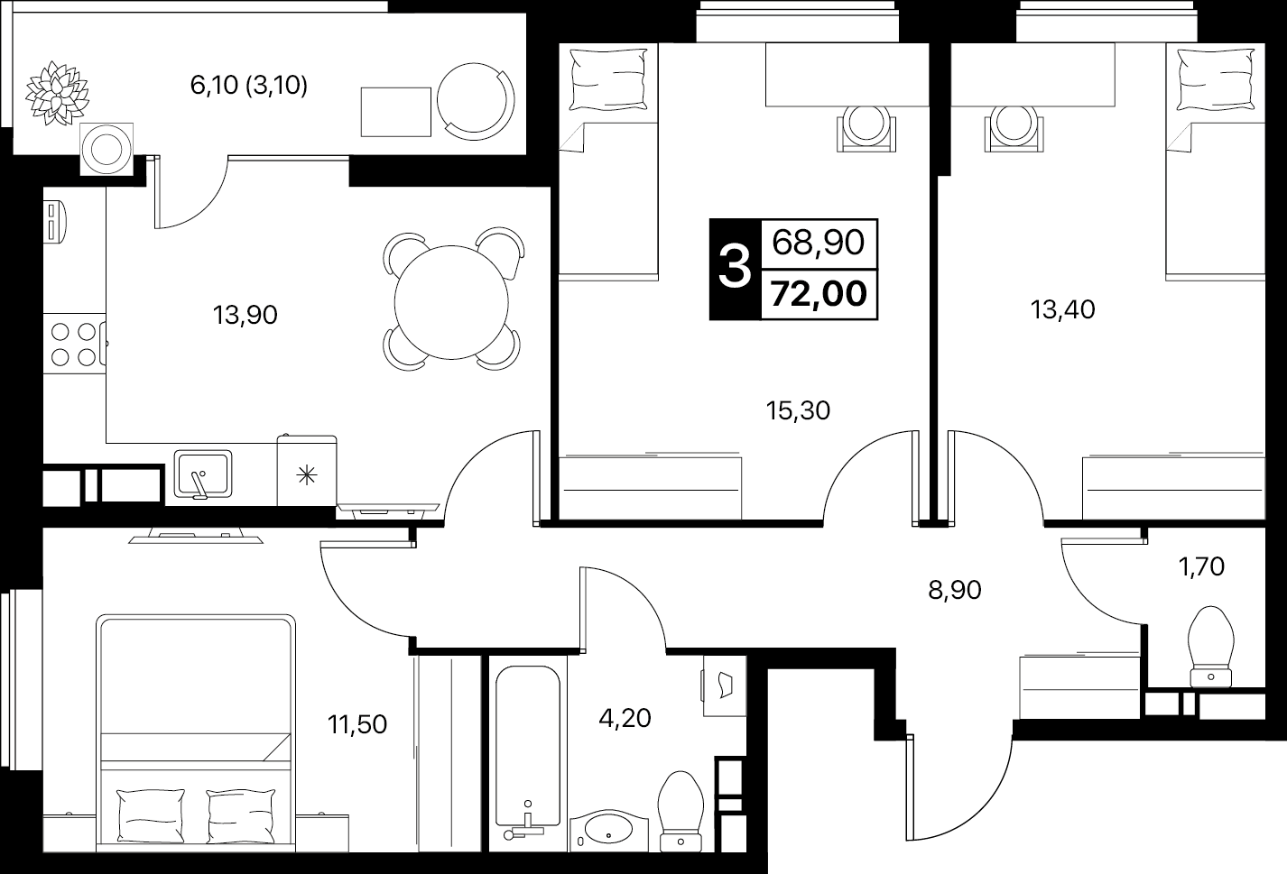 3-комнатная 72 м2 в ЖК Эстет корпус null этаж 10