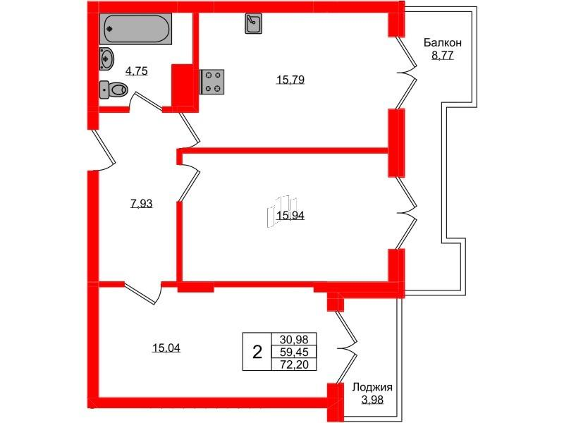 2-комнатная 72 м2 в ЖК Русь корпус null этаж 2