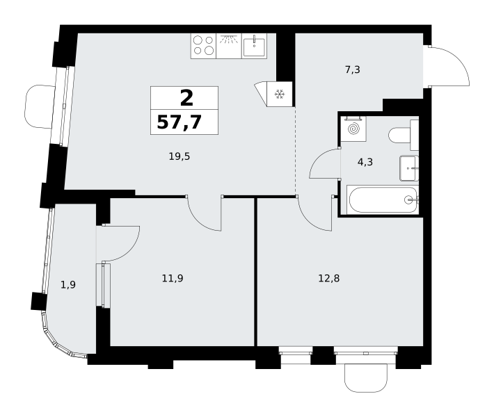 2-комнатная 57 м2 в ЖК Прокшино корпус null этаж 12
