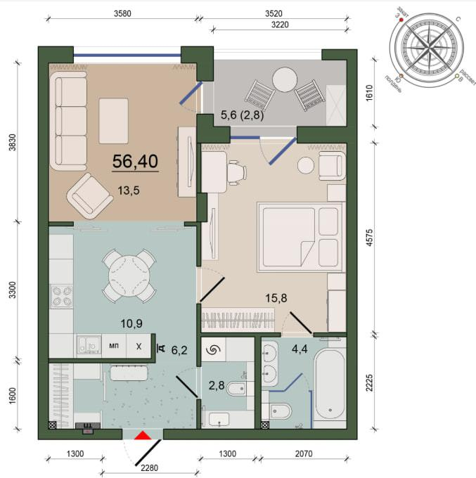 1-комнатная 53.7 м2 в ЖК undefined корпус null этаж 5