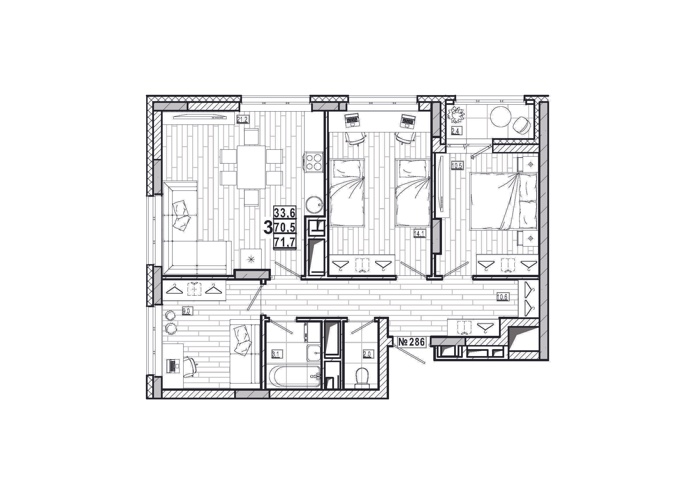 3-комнатная 71 м2 в ЖК Дом на Маяковского корпус null этаж 15