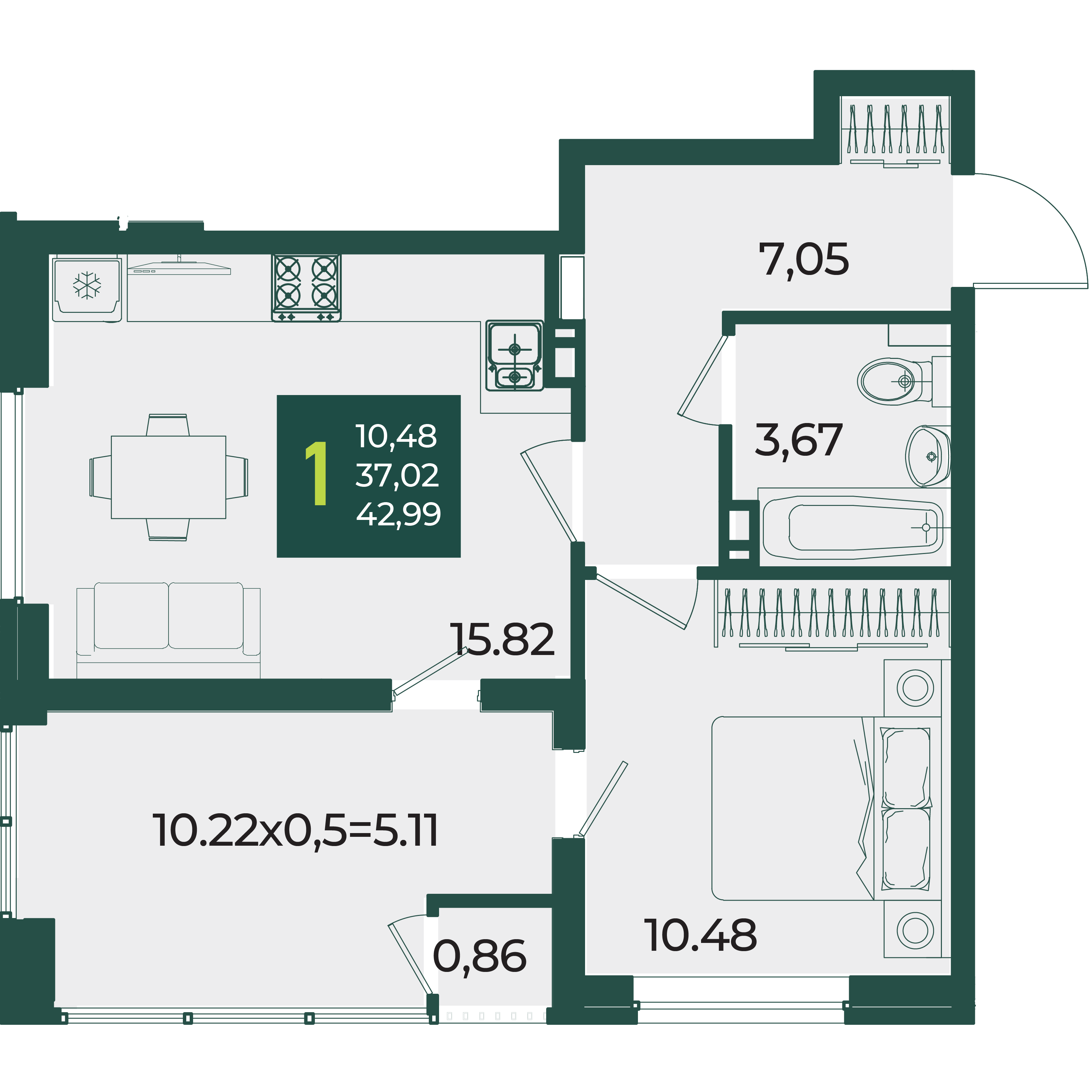 1-комнатная 42 м2 в ЖК Образцово корпус null этаж 5