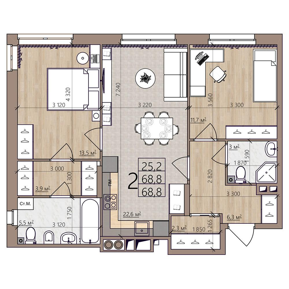 2-комнатная 68 м2 в ЖК Окская стрелка корпус null этаж 3