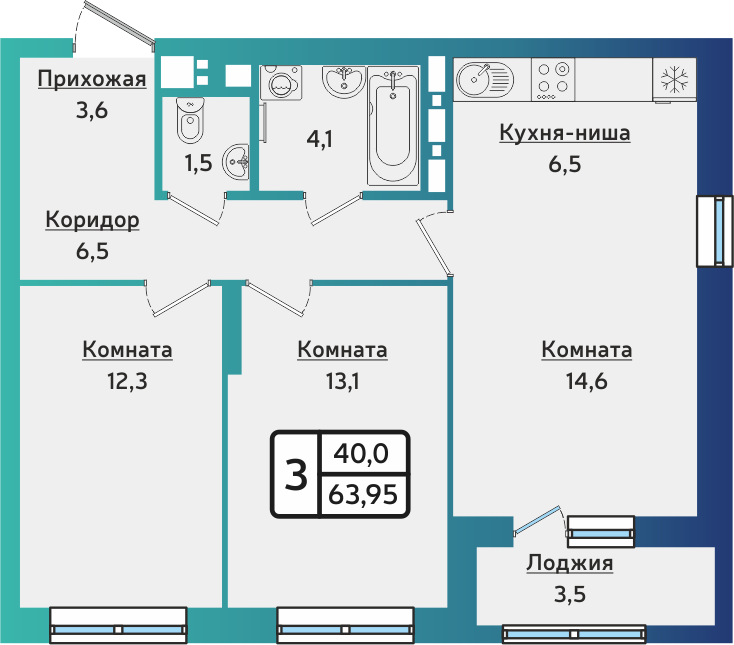3-комнатная 63 м2 в ЖК ARTNOVA корпус null этаж 1