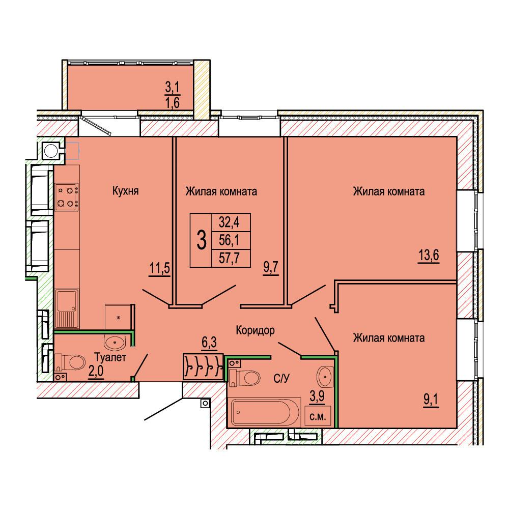3-комнатная 57 м2 в ЖК Колизей корпус null этаж 7
