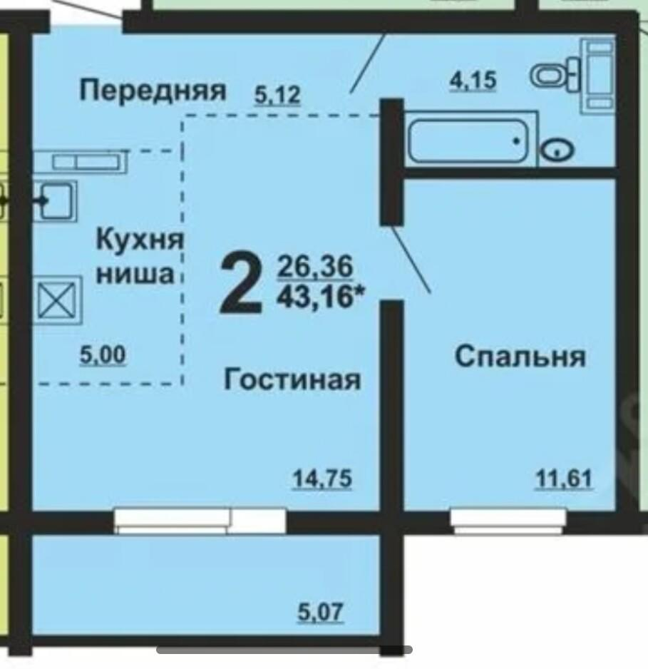 1-комнатная 43 м2 в ЖК undefined корпус null этаж 5