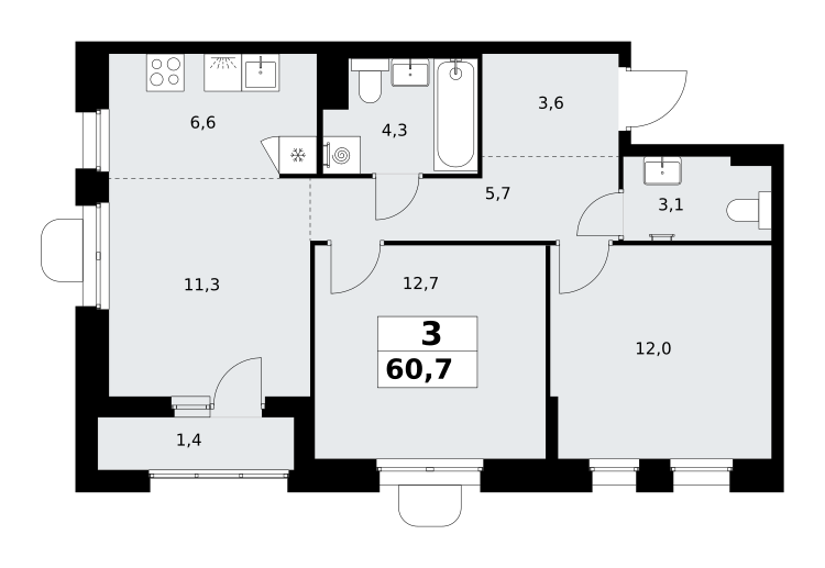 3-комнатная 60 м2 в ЖК Прокшино корпус null этаж 9