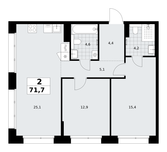 2-комнатная 71 м2 в ЖК Хольм корпус null этаж 15