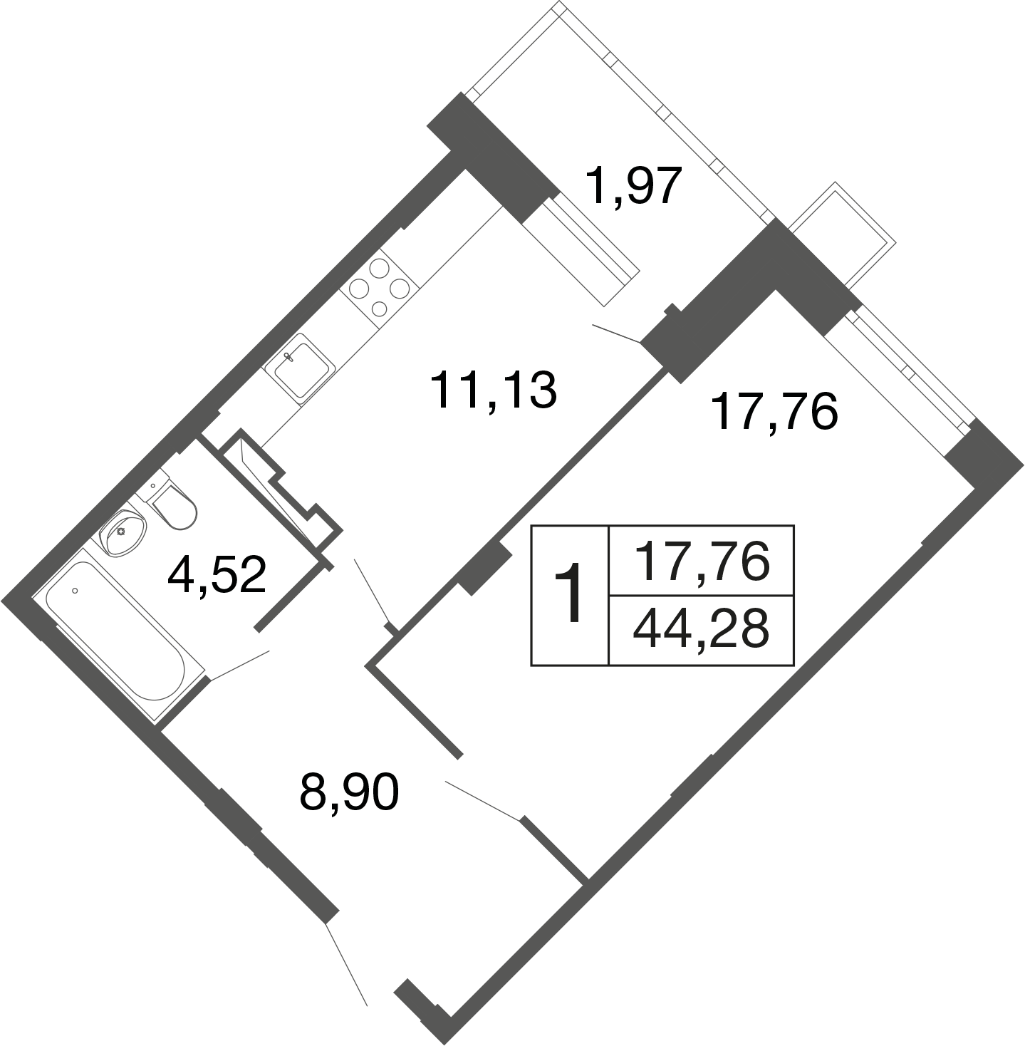 1-комнатная 44 м2 в ЖК Времена года корпус null этаж 1