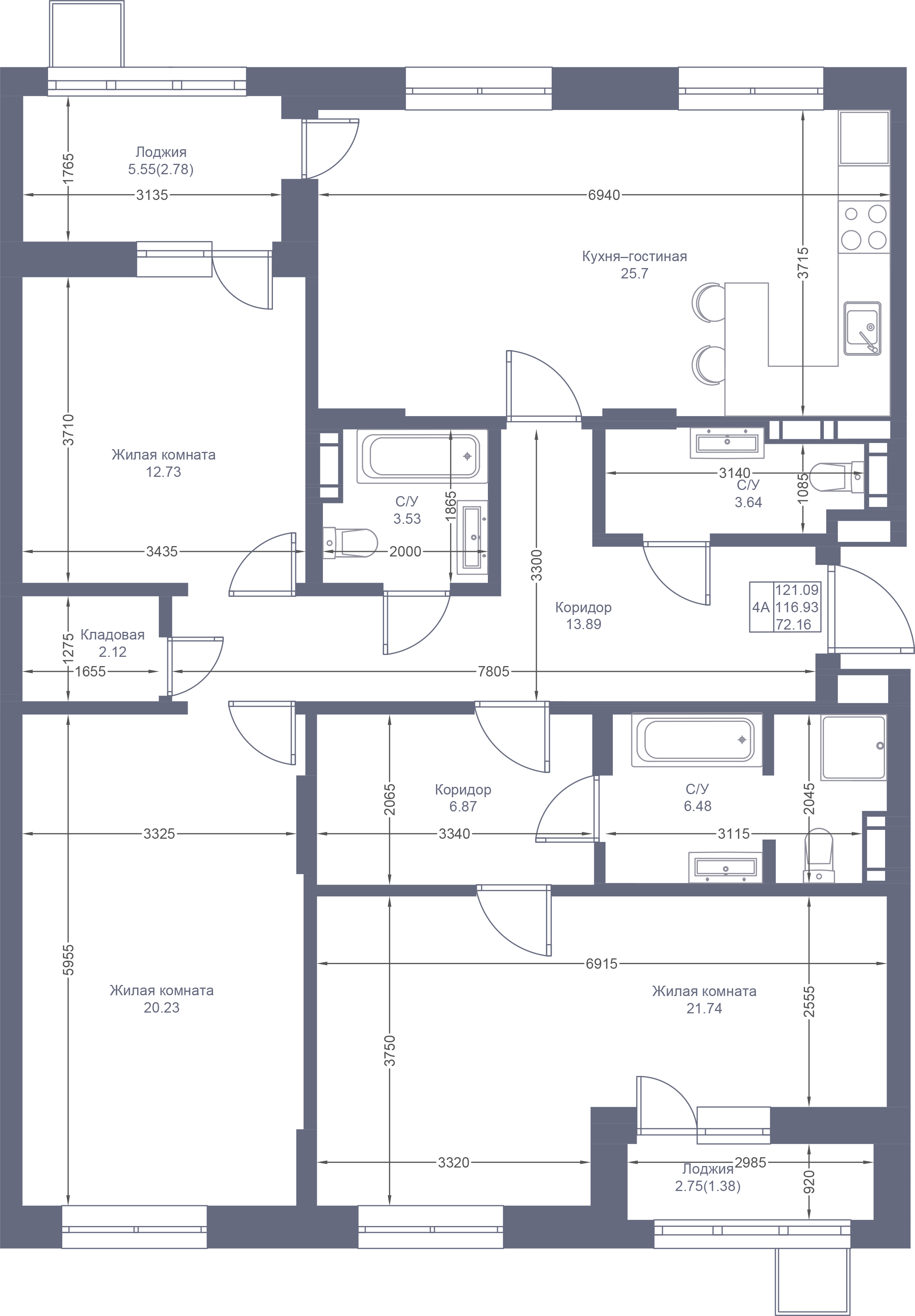 4-комнатная 121 м2 в ЖК Мой Ритм корпус null этаж 7