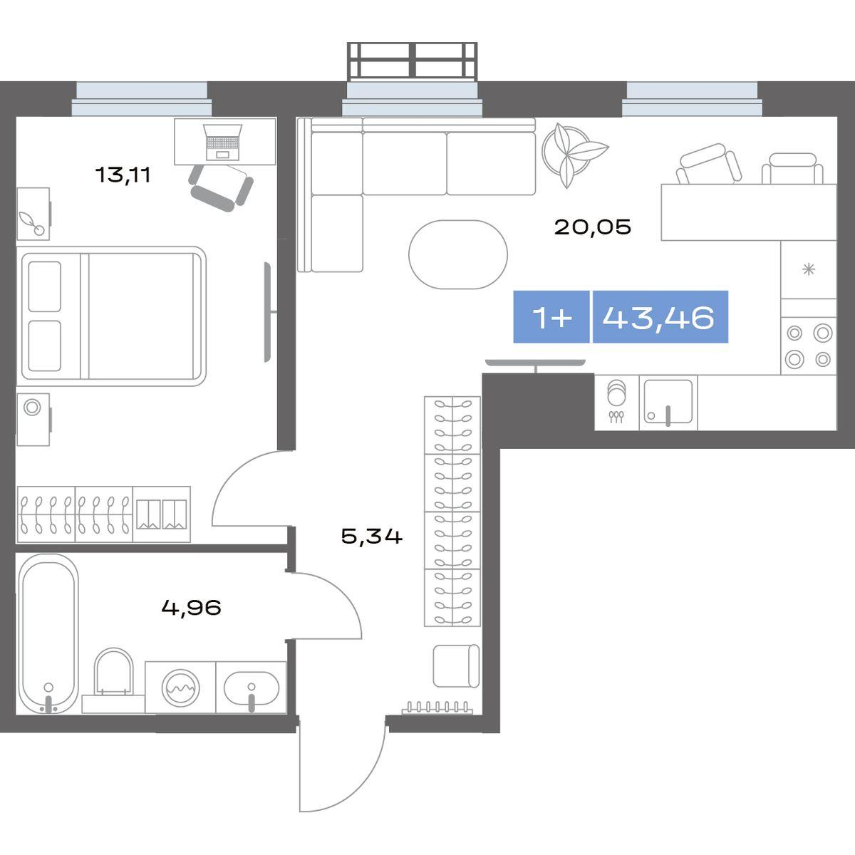 1-комнатная 43 м2 в ЖК Толк Медный корпус null этаж 3