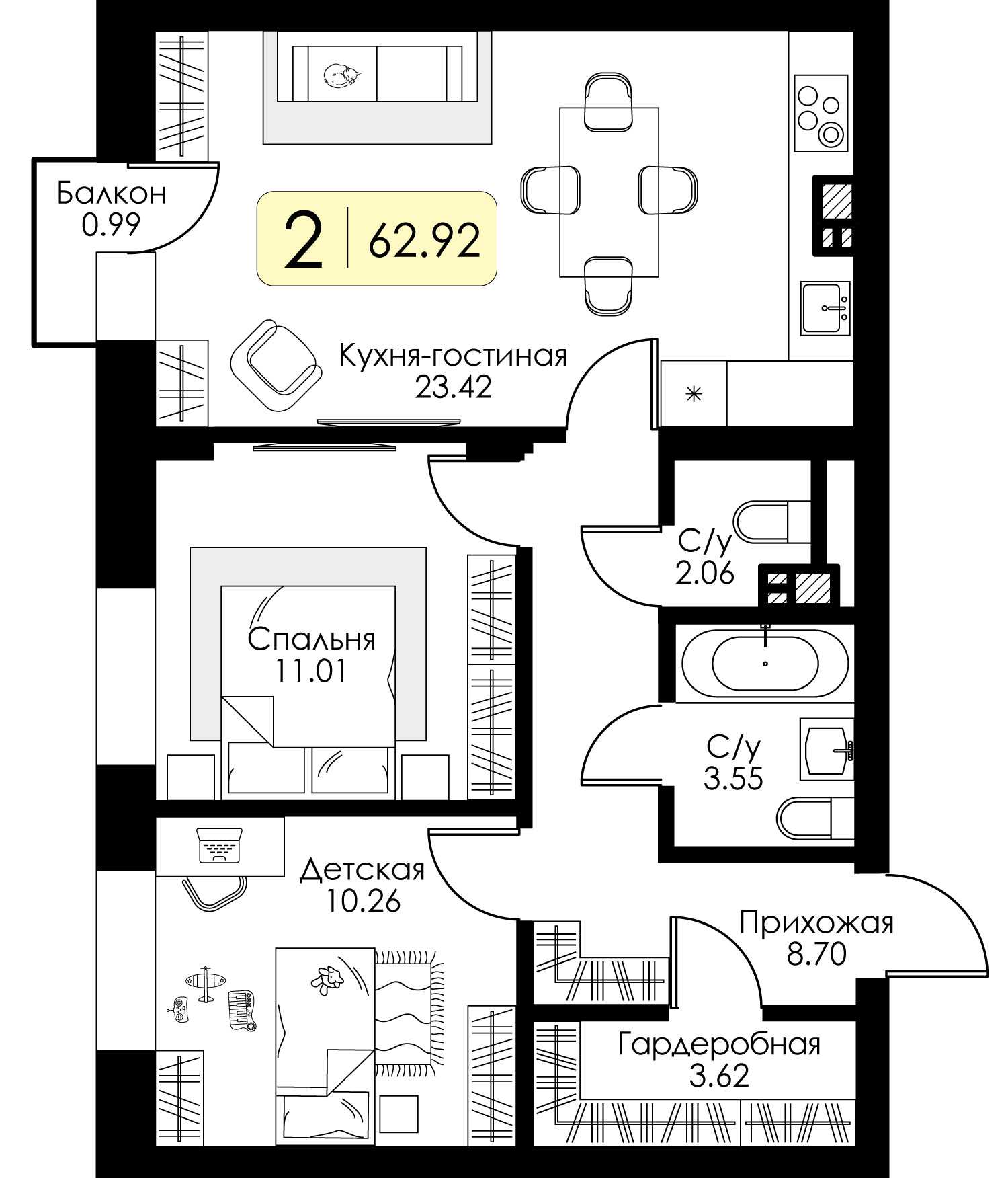 2-комнатная 62 м2 в ЖК Урбан Парк корпус null этаж 4