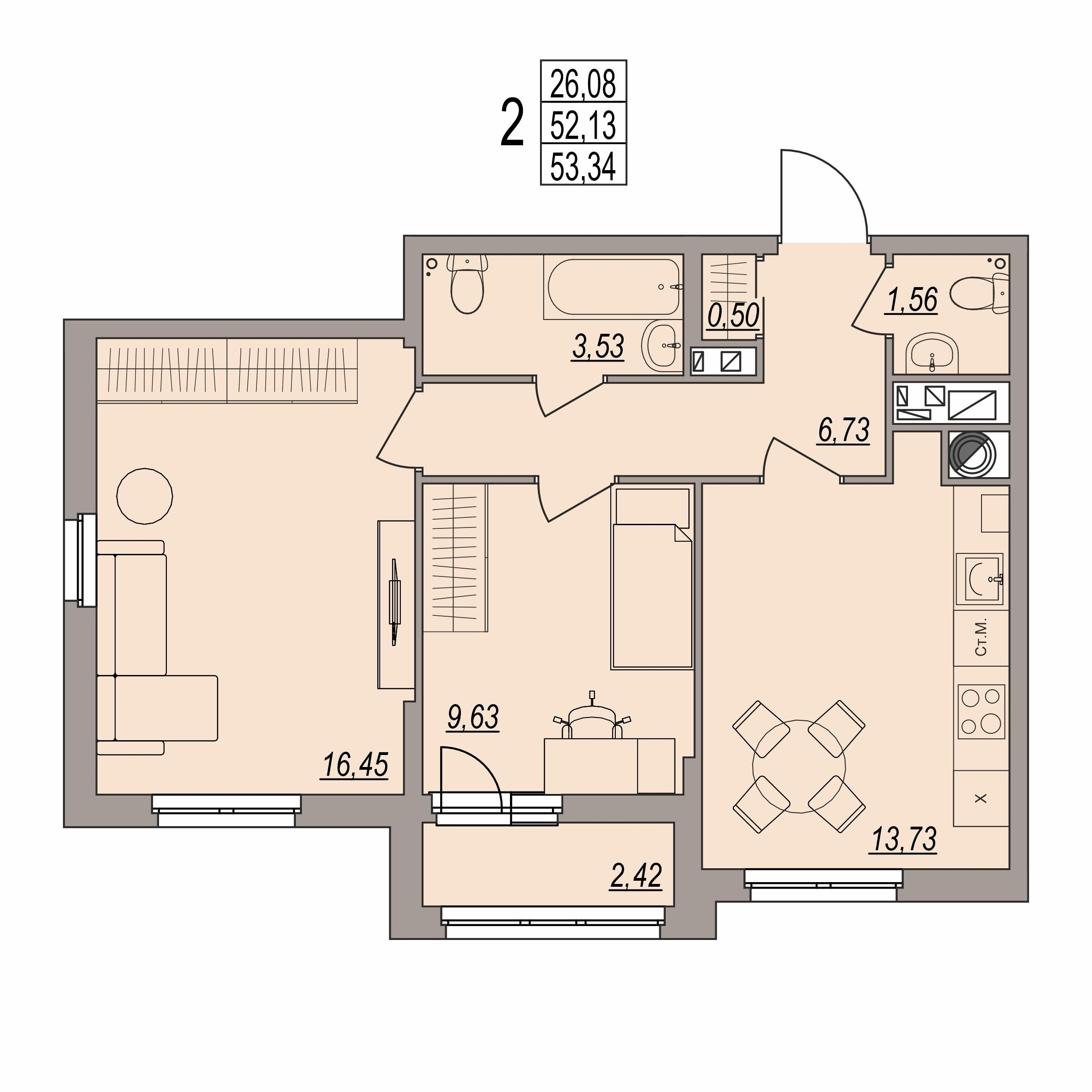 2-комнатная 53 м2 в ЖК Сердце города корпус null этаж 6