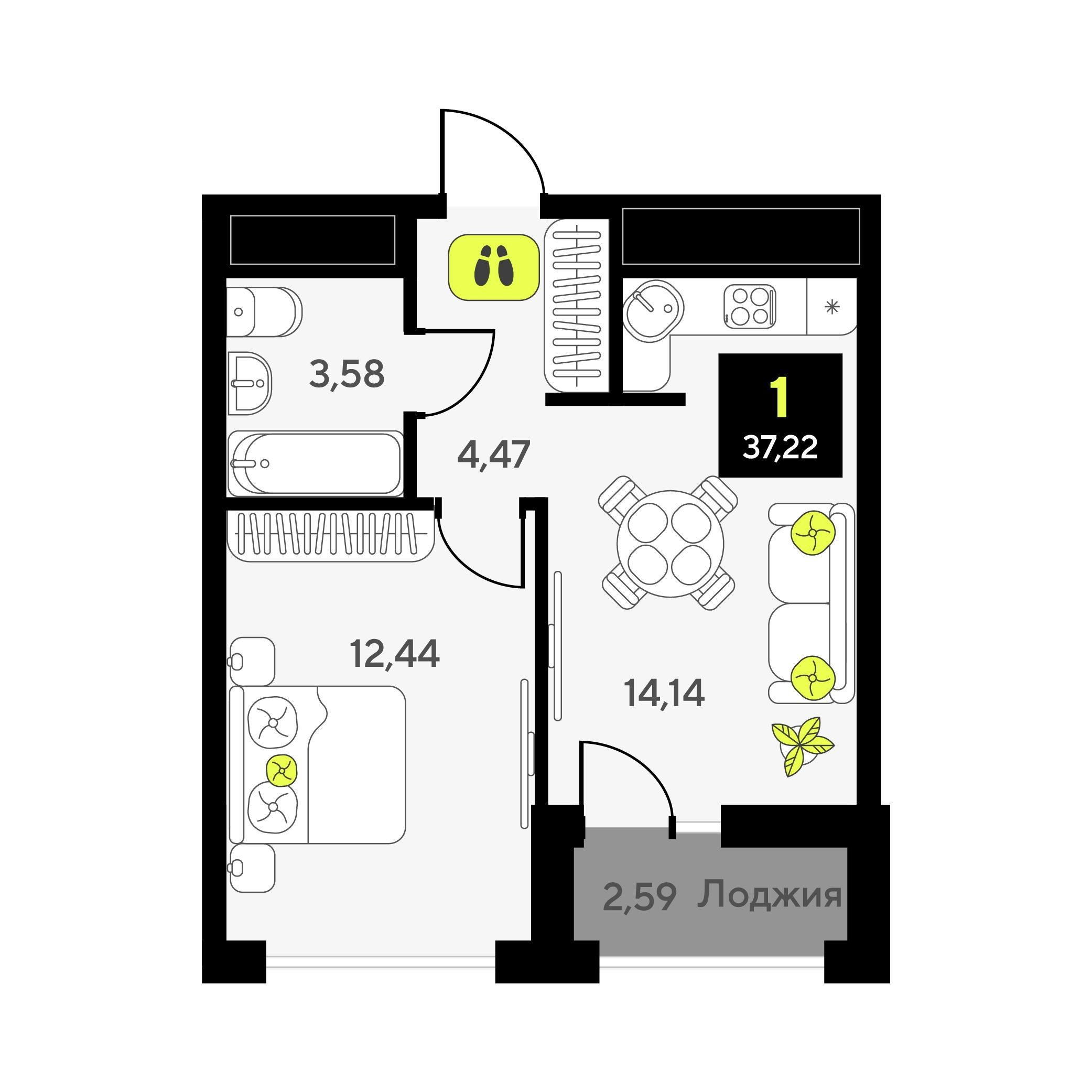 1-комнатная 37 м2 в ЖК Мотивы корпус null этаж 13