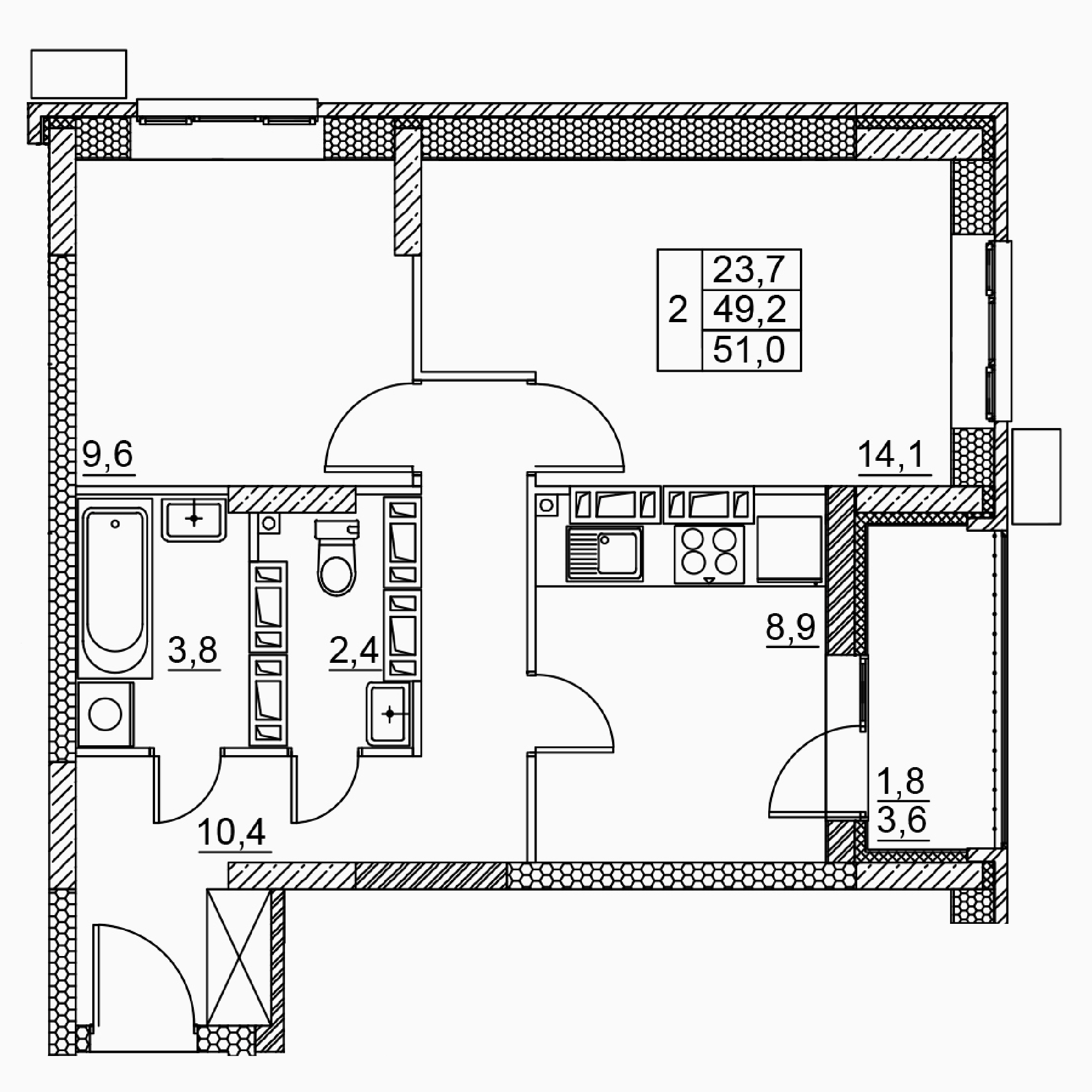 2-комнатная 51 м2 в ЖК Засекин корпус null этаж 14