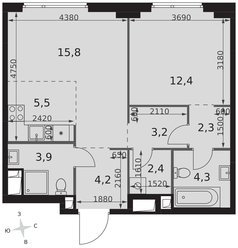 2-комнатная 54 м2 в ЖК Sydney City корпус null этаж 12