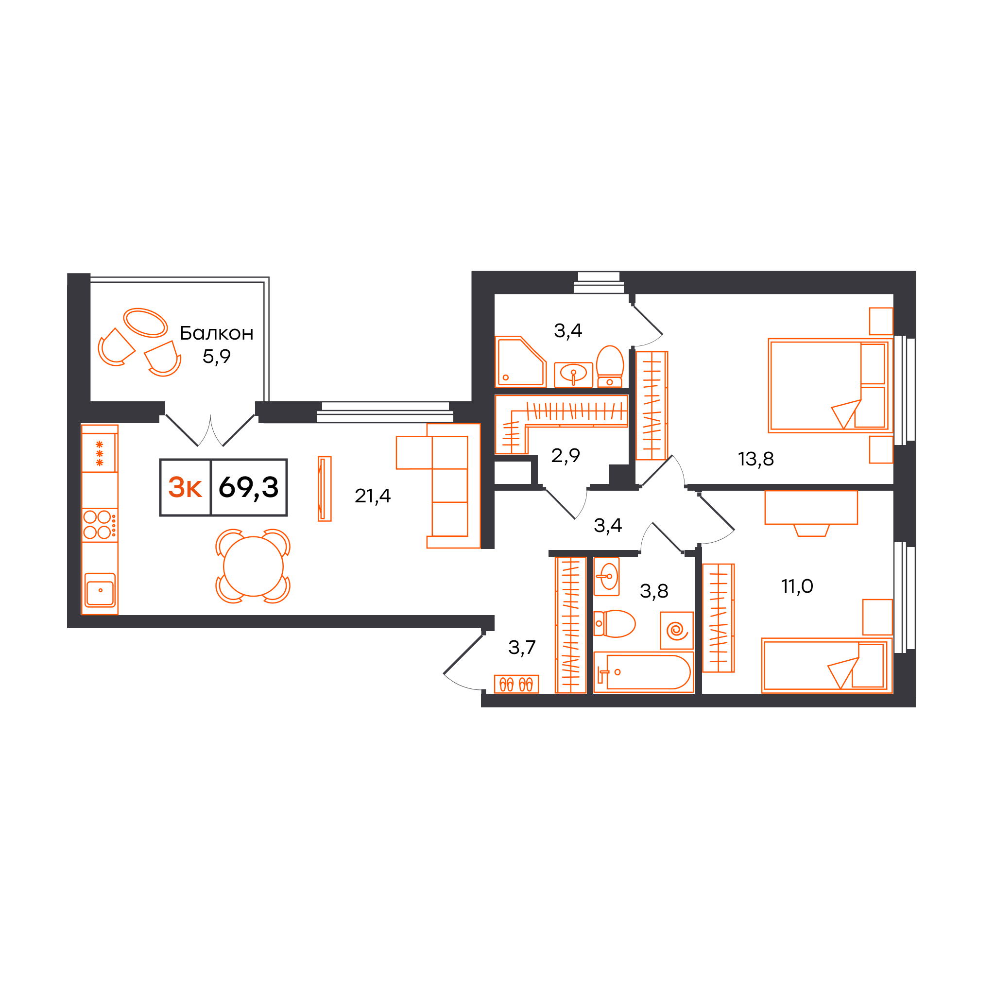 2-комнатная 69 м2 в ЖК Отличие корпус null этаж 6