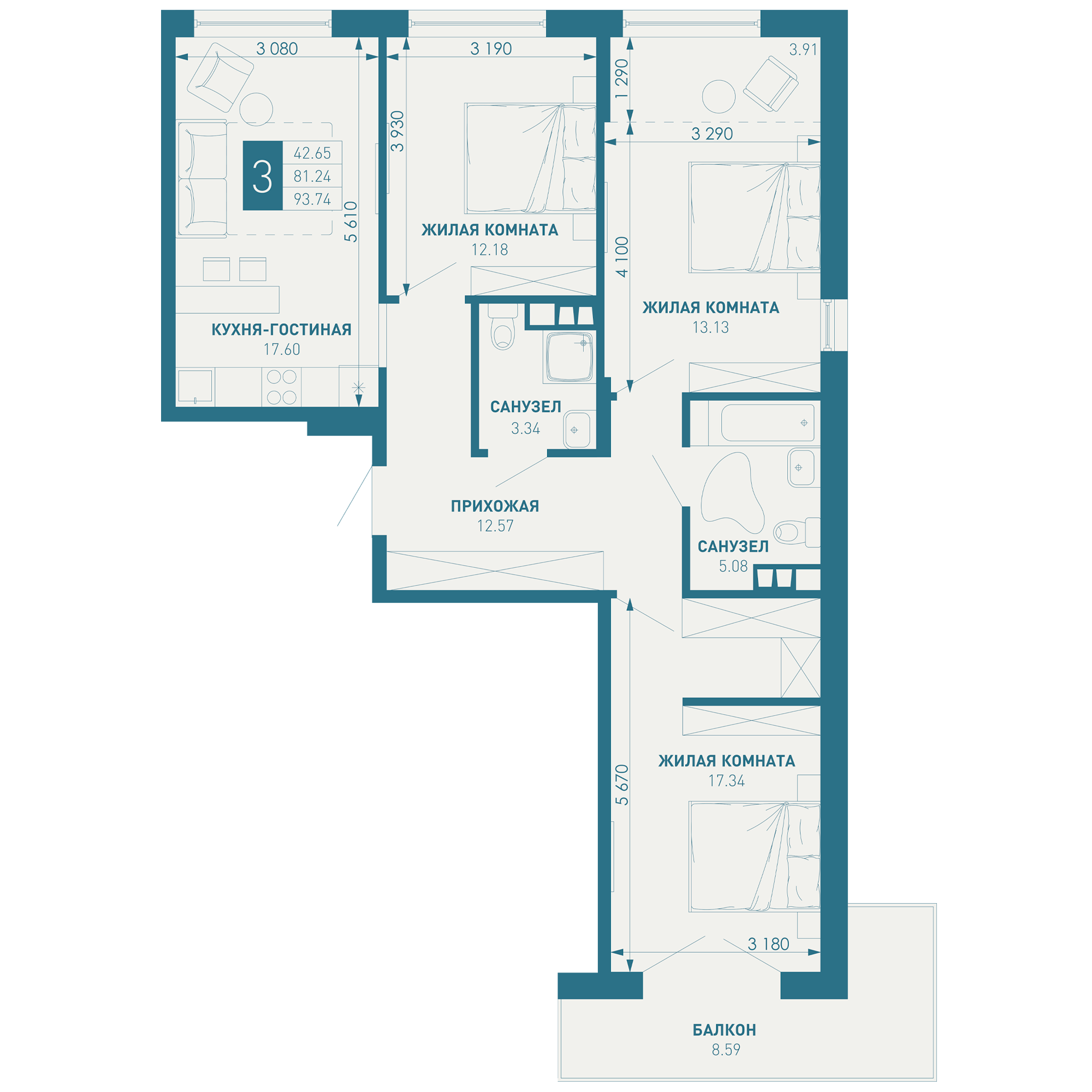 3-комнатная 95 м2 в ЖК ИНАЧЕ в Молодежном корпус null этаж 2