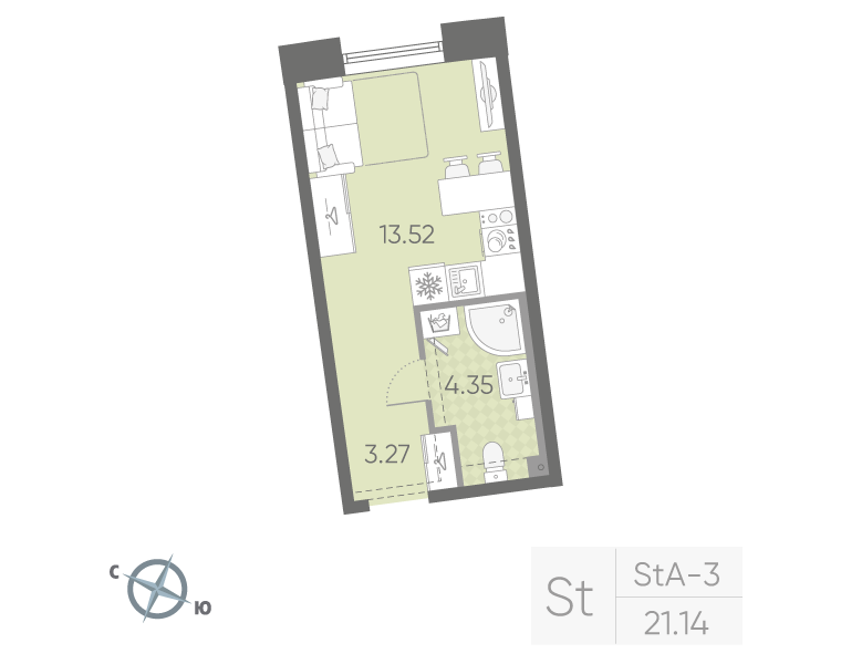 Студия 21 м2 в ЖК Бульвар Грина корпус null этаж 3