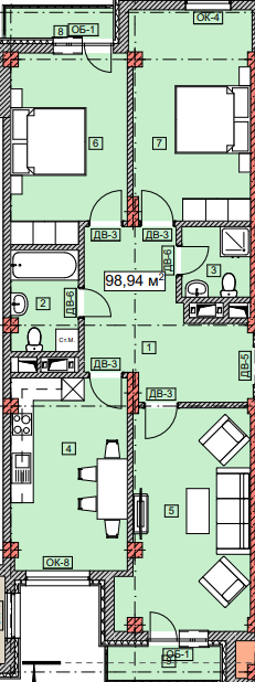 3-комнатная 94 м2 в ЖК undefined корпус null этаж 7