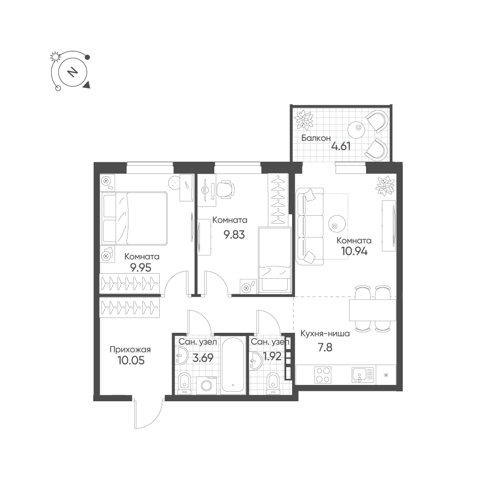 3-комнатная 55 м2 в ЖК Балтым-Парк корпус null этаж 5