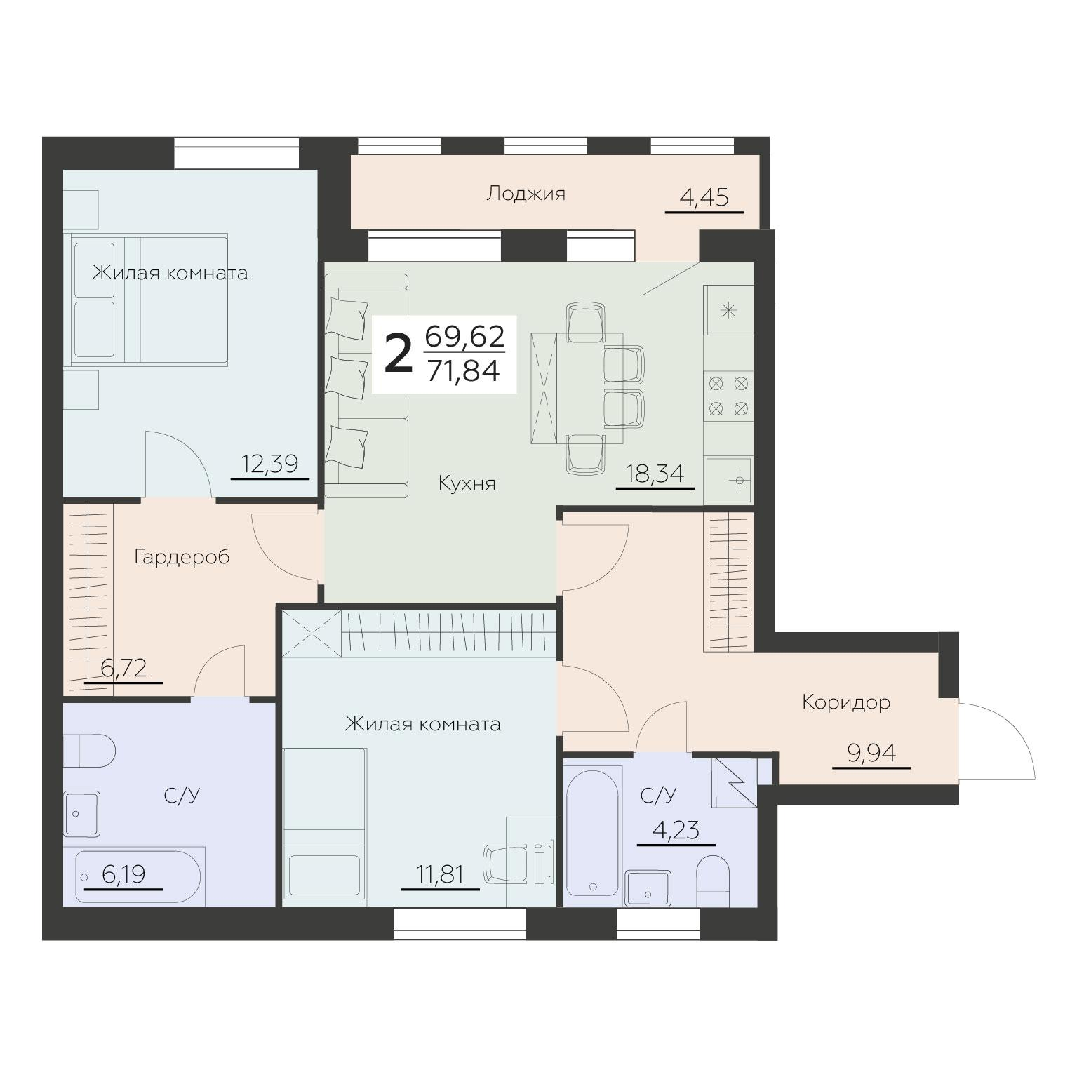 2-комнатная 71 м2 в ЖК Заря корпус null этаж 8