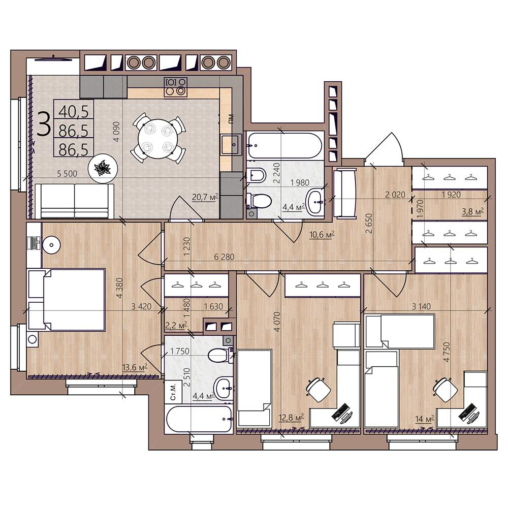 3-комнатная 86 м2 в ЖК Окская стрелка корпус null этаж 2