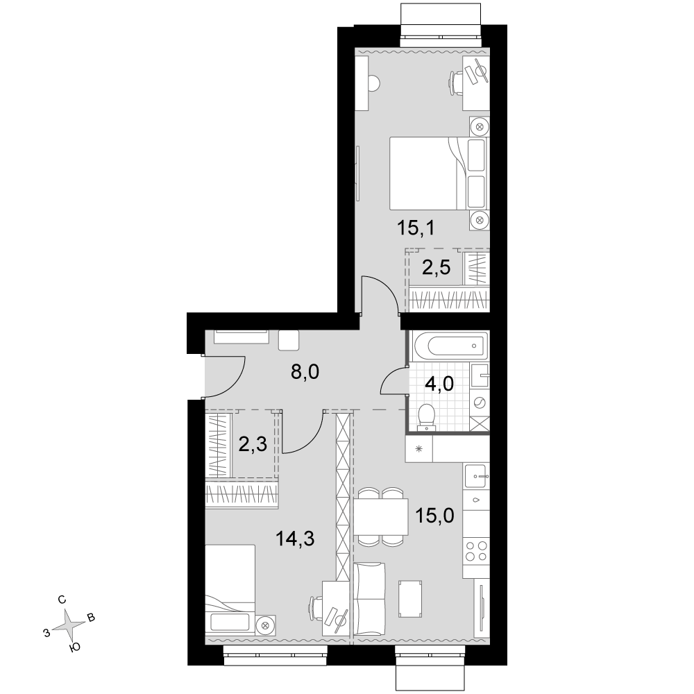 2-комнатная 61 м2 в ЖК Дубровицы Клаб корпус null этаж 2
